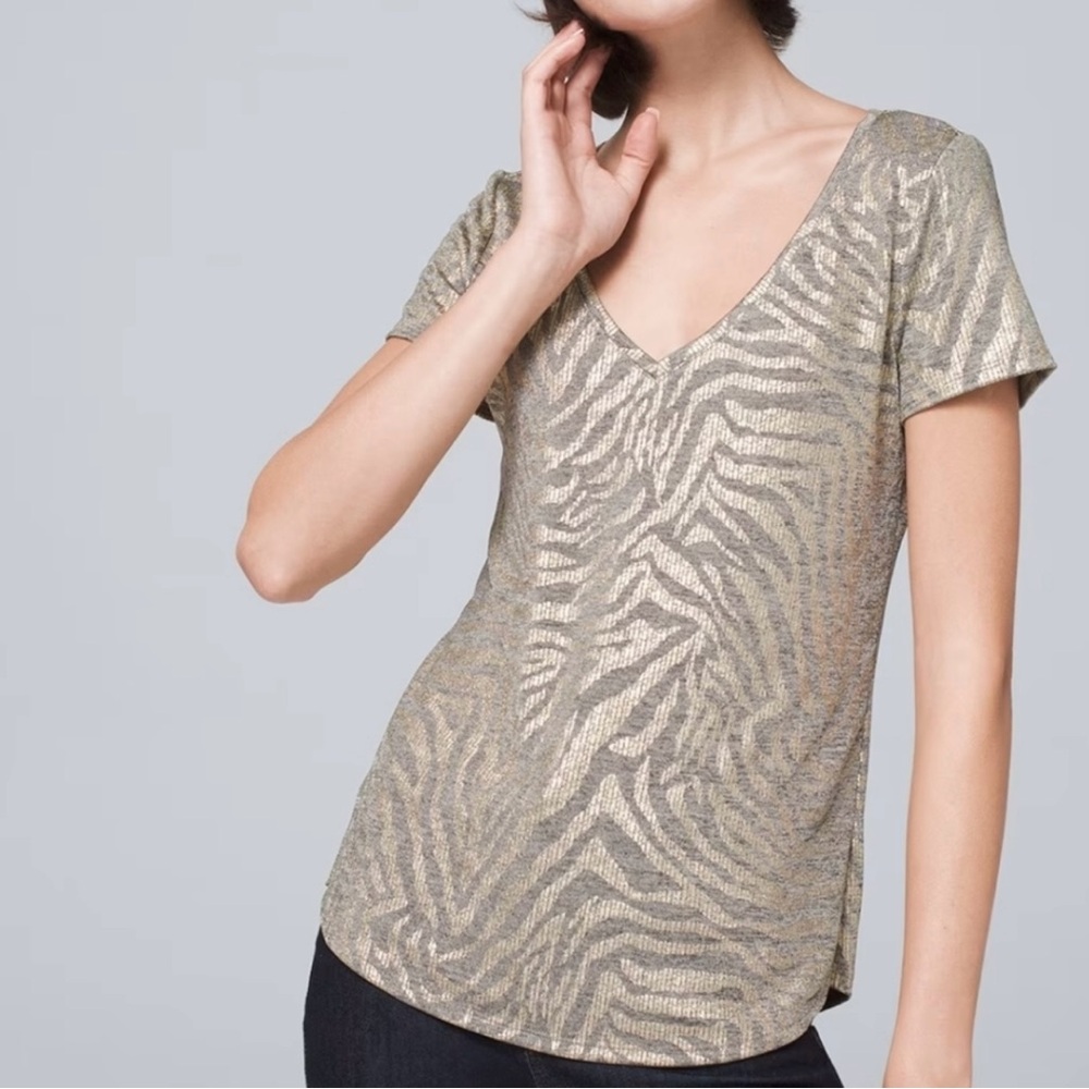 White House Black Market Gold Metallic-Print V-Neck Tee, Size M